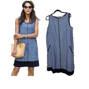 J. Jill Love Linen Denim Chambray Navy Trim Shift Dress Medium Tall NEW